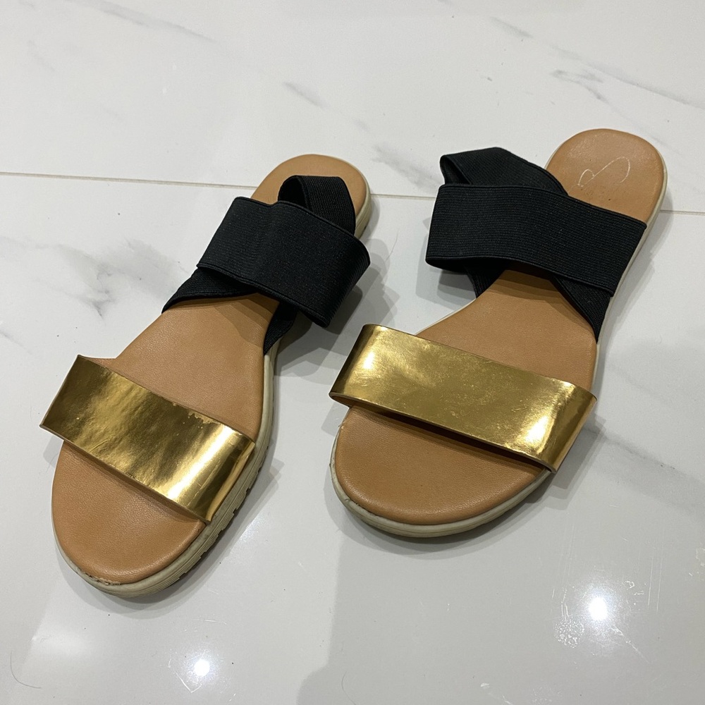 Gold and Black Flat Sandals with Slip-On Design